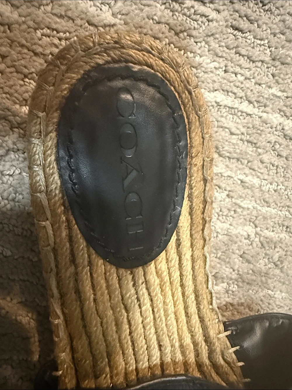 Classic Coach Black Leather Espadrille Slides with Gold Carriage Emblem